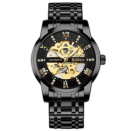 

mens watches black mechanical automatic self-winding stainless steel skeleton luxury waterproof diamond dial wrist watches for men