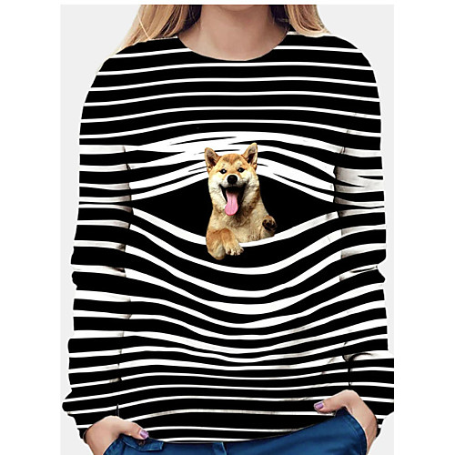 

Women's T shirt Striped Animal Long Sleeve Print Round Neck Tops Basic Basic Top White Yellow Gray