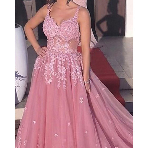 

Ball Gown Luxurious Sexy Engagement Formal Evening Valentine's Day Dress V Neck Sleeveless Court Train Tulle with Appliques 2021