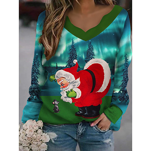 

Women's Christmas T shirt Cat Graphic 3D Long Sleeve Print Round Neck V Neck Tops Basic Casual Christmas Basic Top Black Green