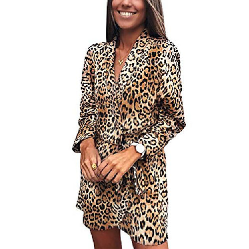 

leopard print dresses for women - long sleeve knee length animal print tunic mini dress with belt yellow xl
