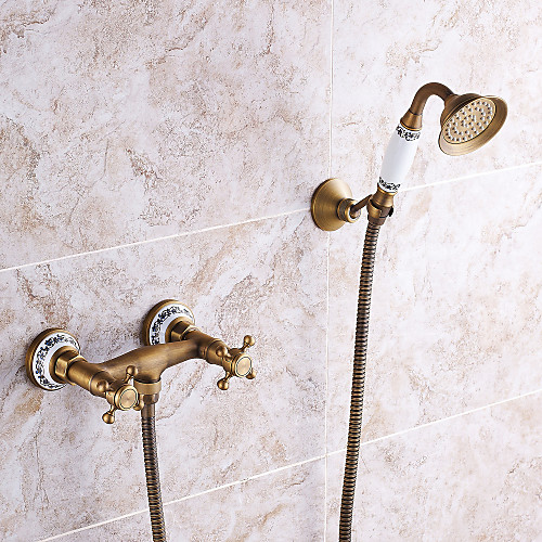 

Shower Faucet Set - Handshower Included pullout Vintage Style / Country Antique Brass Mount Outside Ceramic Valve Bath Shower Mixer Taps