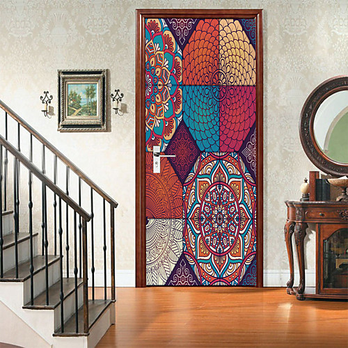 

2pcs Self-adhesive Creative Moroccan Mandala Pattern Door Stickers For Living Room Diy Decoration Home Waterproof Wall Stickers