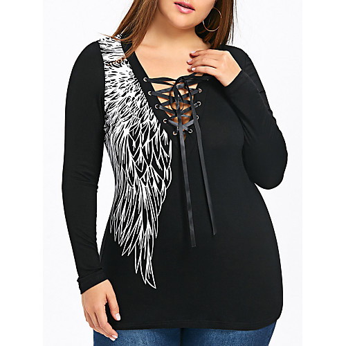 

Women's Plus Size Tunic Abstract Long Sleeve Cut Out Print V Neck Tops Cotton Basic Top Black Purple Red