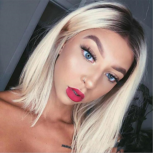 

26 Inch Women'S Brown Gradient Golden Mid-Part Bobo Wave Head Short Hair Dyeing Wig Long Straight Hair Set