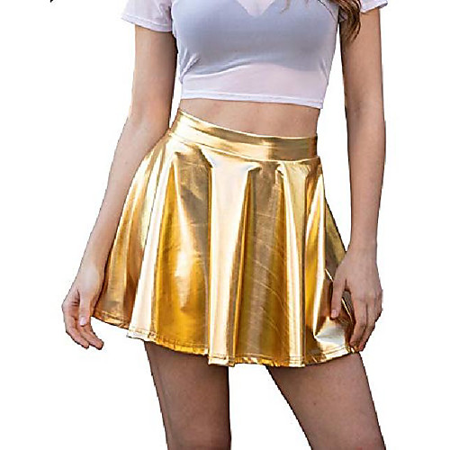 

women shiny metallic skirt flared pleated holographic a-line mini skater skirts m