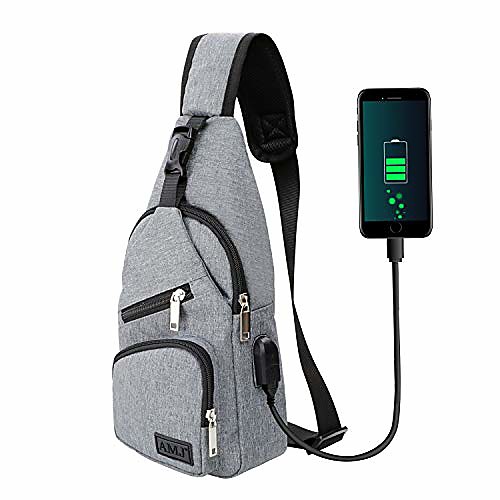 

sling bag shoulder backpack chest bags crossbody daypack for women & men with usb cable for hiking camping outdoor sport cycling trip (grey, small)