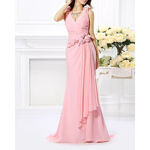 

Mermaid / Trumpet Elegant Floral Wedding Guest Formal Evening Dress V Neck Sleeveless Sweep / Brush Train Chiffon with Sash / Ribbon Pleats 2021