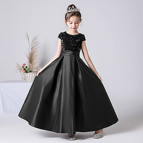 

Sheath / Column Floor Length Event / Party / Birthday Flower Girl Dresses - Satin / Sequined Cap Sleeve Jewel Neck with Pleats