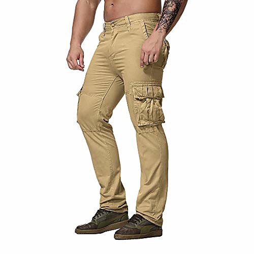 

men's multi-pocket overalls, military style straight jeans trousers casual nine pants khaki