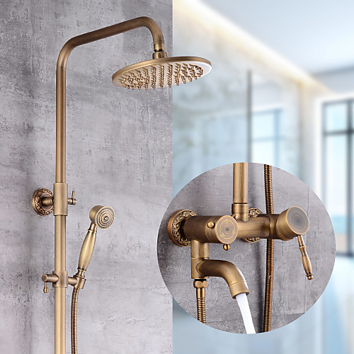 

Shower System Set - Handshower Included pullout Waterfall Vintage Style / Country Antique Brass Mount Outside Ceramic Valve Bath Shower Mixer Taps