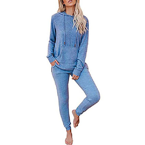 

women's solid lounge sets tracksuit jogging suits long sleeve hoodie and drawstring sweatpants 2 piece outfit blue