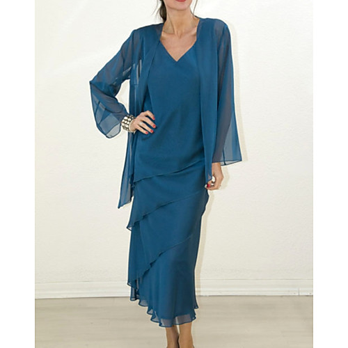

Two Piece Sheath / Column Mother of the Bride Dress Elegant V Neck Tea Length Chiffon Long Sleeve with Ruffles 2021