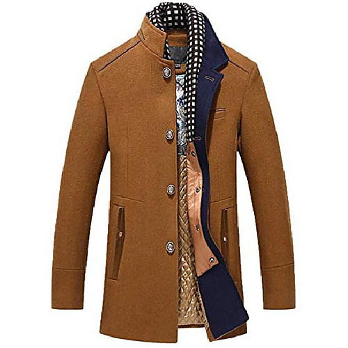 

men's wool blend coat single breasted trench coat winter warm pea coats woolen jackets with detachable scarf khaki