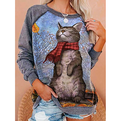 

Women's Pullover Sweatshirt Cat Graphic Color Block Daily Basic Casual Hoodies Sweatshirts Gray