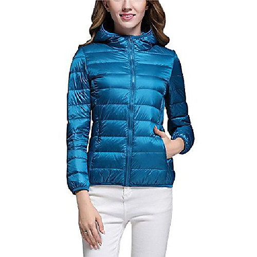 

down puffer jacket coat women's hooded packable ultra light weight short down outdoor coat lake blue s