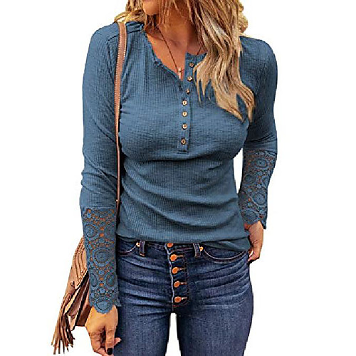 

Women's Blouse T shirt Plain Long Sleeve Lace Button Round Neck Tops Basic Basic Top Almond White Black