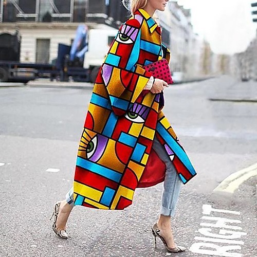 

Women's Print Print Streetwear Fall & Winter Trench Coat Long Daily Long Sleeve Cotton Blend Coat Tops White