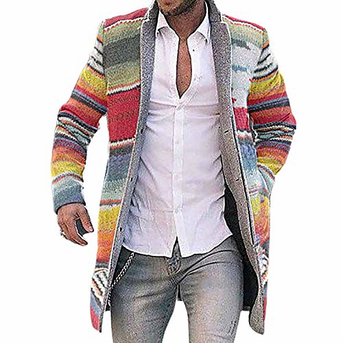 

mens autumn winter rainbow striped open front cardigan jacket long sleeve trench coat overcoat (yellow, 4xl)