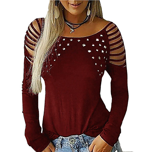 

Women's Blouse Plain Long Sleeve Round Neck Tops Basic Top Blue Purple Wine