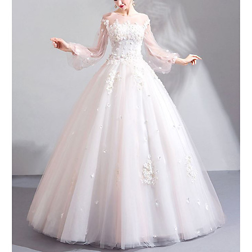 

Ball Gown Wedding Dresses Jewel Neck Floor Length Lace Tulle Long Sleeve Romantic Elegant Illusion Sleeve with Beading Appliques 2021