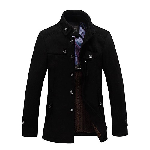 

men's stand collar blend single breasted pea coat with fleece lined
