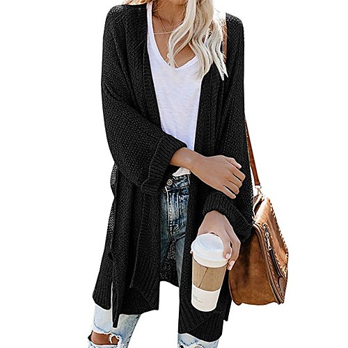 

Women's Knitted Solid Color Cardigan Long Sleeve Sweater Cardigans Crew Neck Fall Winter White Black Yellow