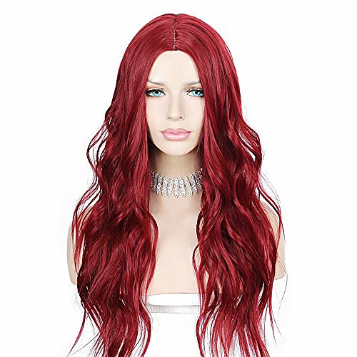 

wigoddess red long halloween wig, simulated scaip wig, daily makeup party cosplay wig perruque heat resistant hair 22 inch simulated scalp machine no-lace daily wigs for women