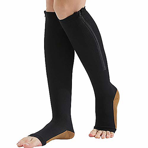 

zipper compression socks (2-pack) for men women open toe easy on compression support hose knee high, black (xl)