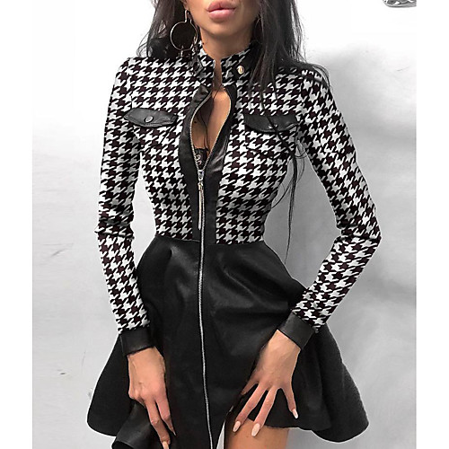 

Women's A Line Dress Short Mini Dress Black Long Sleeve Houndstooth Geometric Tie Dye Zipper Patchwork Print Fall Spring Turtleneck Work Sexy 2021 S M L XL