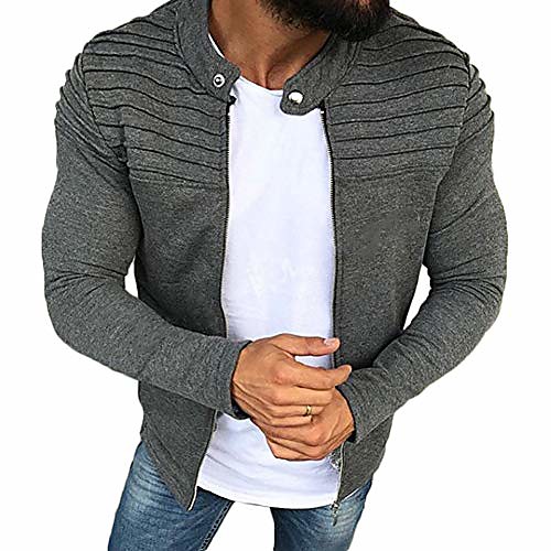 

mens long sleeve striped pleated coat solid color cardigan jacket zip up outwear (grey, m)