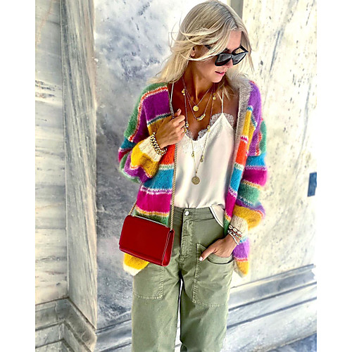 

Women's Fur Trim Knitted Color Block Cardigan Knit Long Sleeve Sweater Cardigans V Neck Fall Winter Rainbow