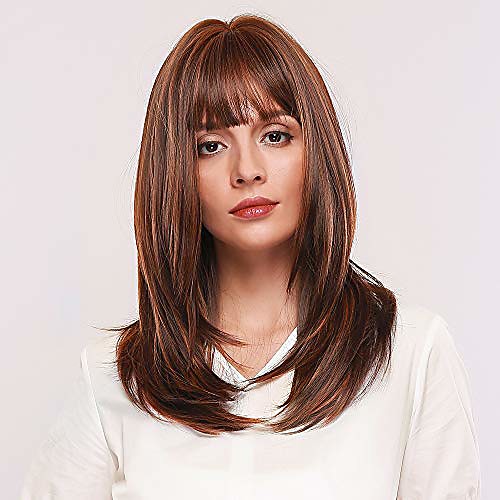 

natural golden brown straight wigs 18 inch long straight blonde hair wigs with darker root for women with bangs