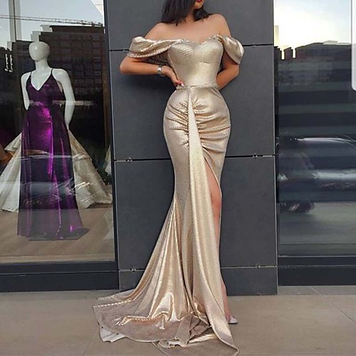 

Mermaid / Trumpet Sexy bodycon Wedding Guest Prom Dress Off Shoulder Sleeveless Sweep / Brush Train Satin with Split 2021
