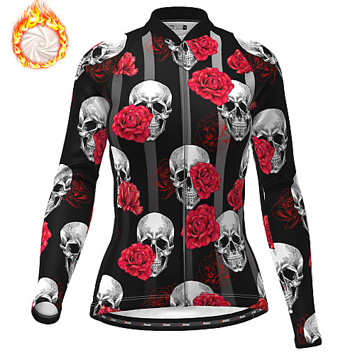 

21Grams Women's Long Sleeve Cycling Jersey Winter Fleece Black Skull Floral Botanical Bike Jersey Top Mountain Bike MTB Road Bike Cycling Fleece Lining Breathable Warm Sports Clothing Apparel