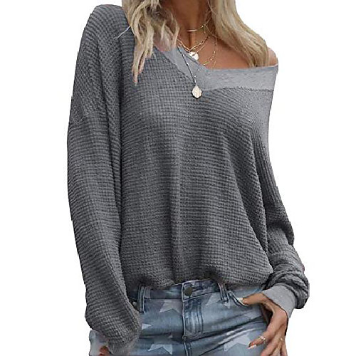 

women's v neck waffle sweater knit long sleeve top oversized pullover tops gray xl