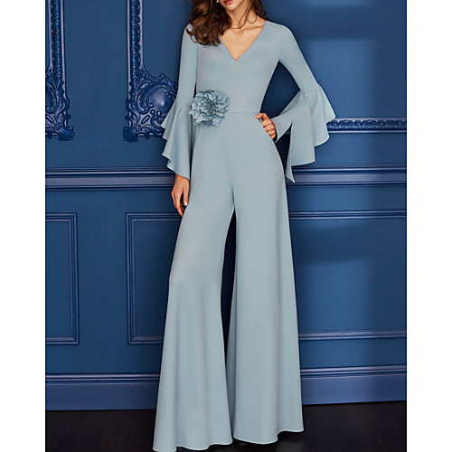 

Jumpsuits Minimalist Floral Wedding Guest Formal Evening Dress V Neck Long Sleeve Floor Length Spandex with Sleek Appliques 2021