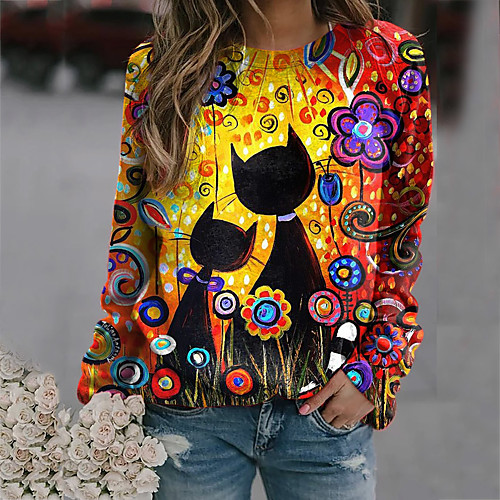 

Women's Pullover Sweatshirt Cat Cartoon Graphic Casual Daily Basic Hoodies Sweatshirts Long Sleeve Blue Purple Yellow
