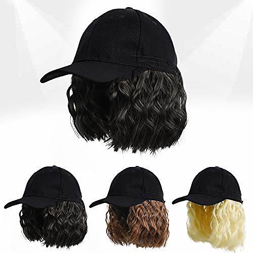 

baseball cap wig with short wavy hair extensions for women short bob hairstyles hat wig adjustable baseball hat with synthetic curly hair(natural black)