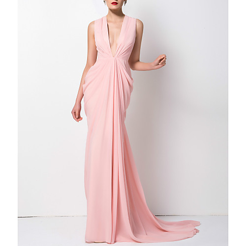 

Sheath / Column Minimalist Sexy Wedding Guest Formal Evening Dress V Neck Sleeveless Court Train Chiffon with Sleek Draping 2021