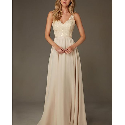 

Sheath / Column V Neck Floor Length Chiffon / Lace Bridesmaid Dress with Pleats