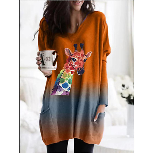 

Women's Blouse Shirt Giraffe Long Sleeve Print Round Neck Tops Basic Top Orange Green
