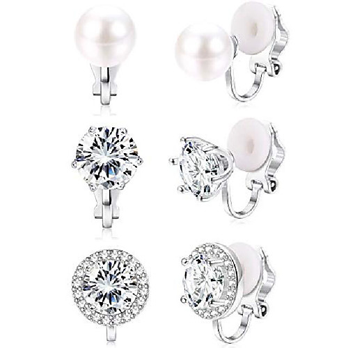 

925 sterling sliver cubic zirconia peal clip on stud earrings for women round non pierced earrings, white gold plated