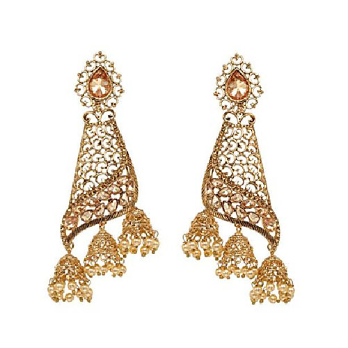 

fashion bollywood jewellery traditional ethnic bridal bride wedding bridesmaid gold plated kundan pearl drop jhumka jhumki head chain indian bahubali earrings jewelry for women