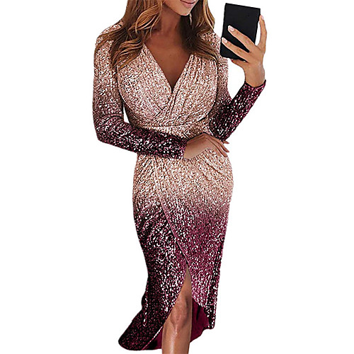 

Women's Sheath Dress Midi Dress Black Blue Purple Red Yellow Blushing Pink Gold Silver Long Sleeve Print Sequins Plus High Low Fall Spring V Neck Elegant Sexy 2021 S M L XL XXL
