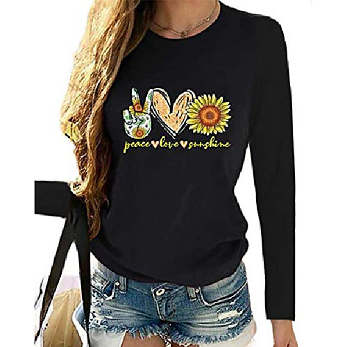 

womens casual letters printed long sleeve t-shirts loose sunflower graphic pullover tee tops for women black