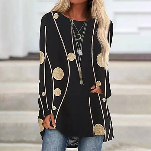 

Women's T shirt Dress Polka Dot Striped Abstract Long Sleeve Patchwork Print Round Neck Tops Chinoiserie Basic Top Black Blue