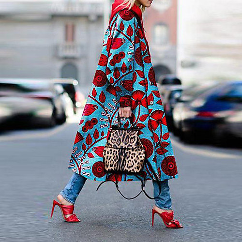 

Women's Geometric Print Fall & Winter Trench Coat Long Going out Long Sleeve Cotton Blend Coat Tops Blue
