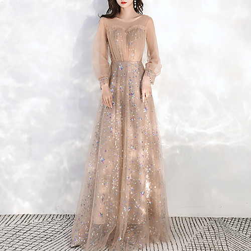 

A-Line Glittering Elegant Wedding Guest Prom Dress Jewel Neck Long Sleeve Floor Length Tulle with Pleats Sequin 2021