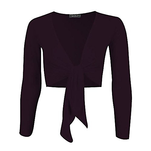 

womens ladies plain tie knot front open cropped long sleeve bolero shrug jacket (uk m/l 12-14, purple)